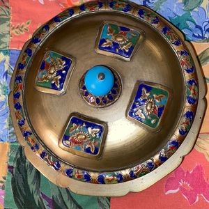 Chinese champlave covered brass dish container